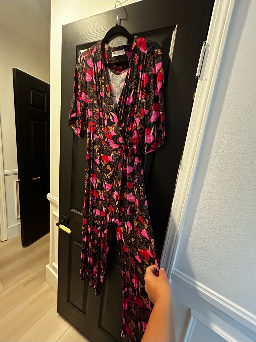 Zara Black Midi Dress with Pink and Red Floral Print